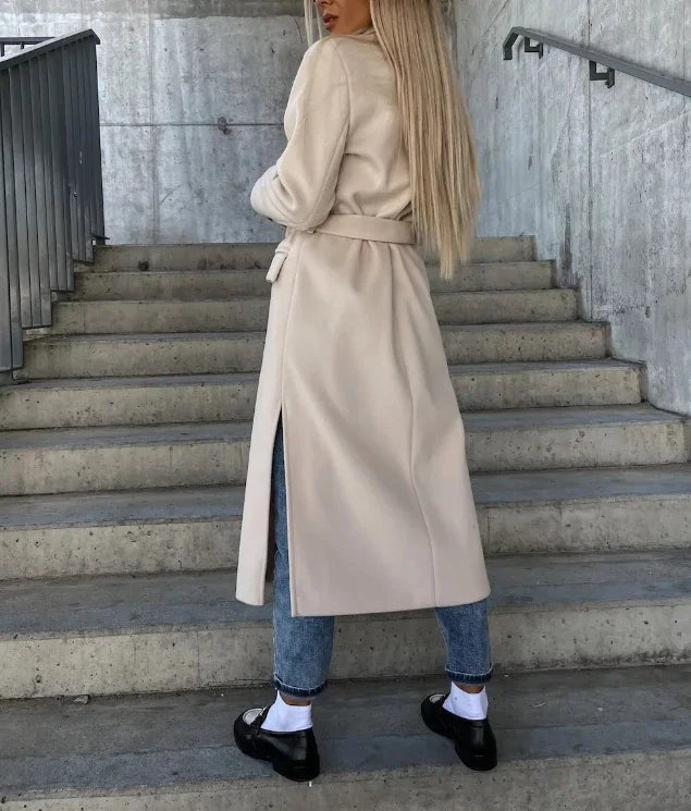 Women's Long Belted Double-Breasted Wool-Look Coat