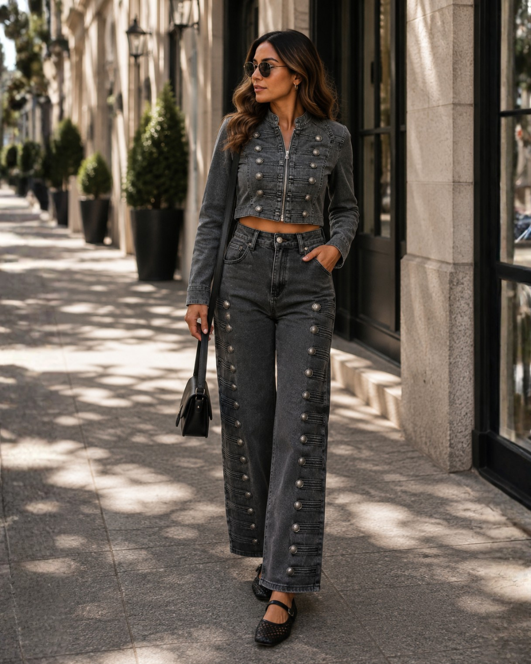 Women's Military Button Wide-Leg Jeans in Smoke Black
