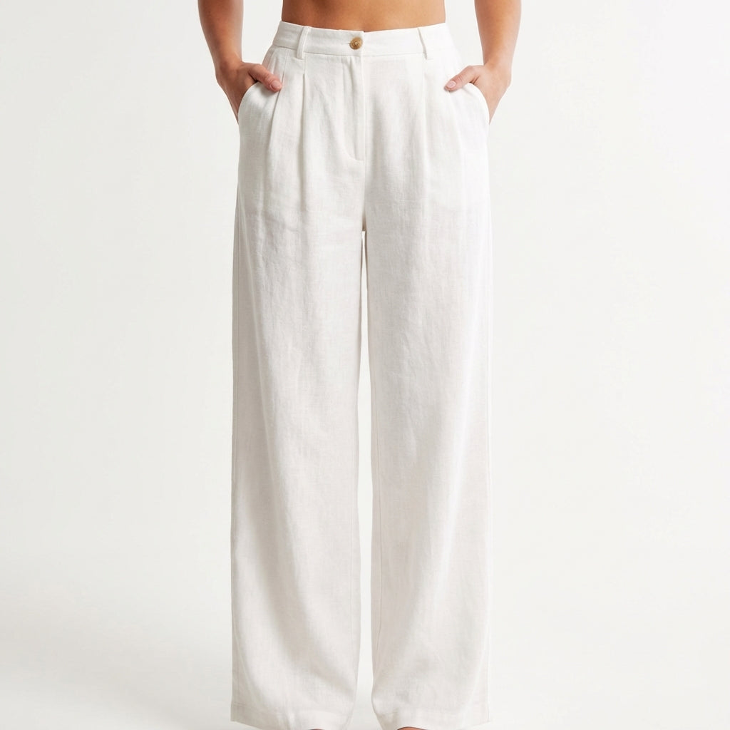 Women's Pleated Wide-Leg Trousers with Pockets in White