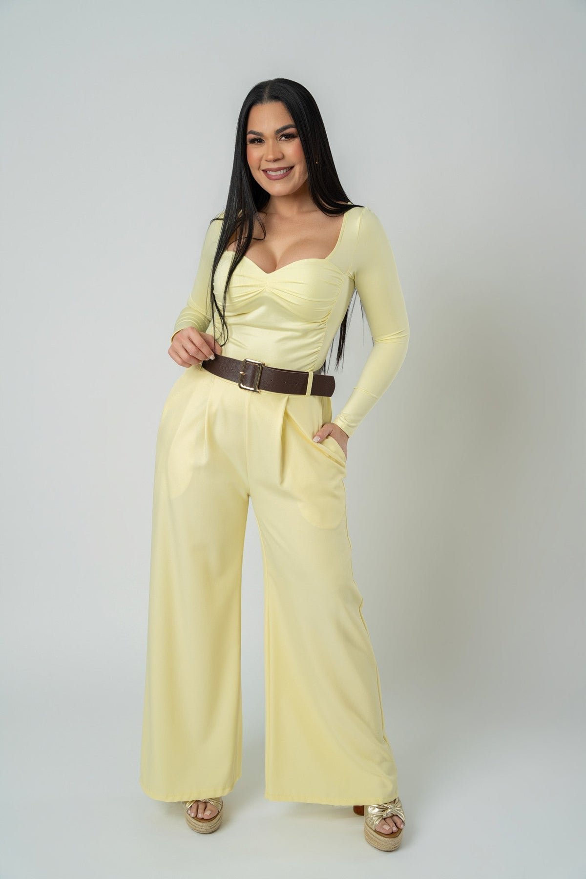 Women's Wide-Leg Trousers with Removable Belt in Yellow