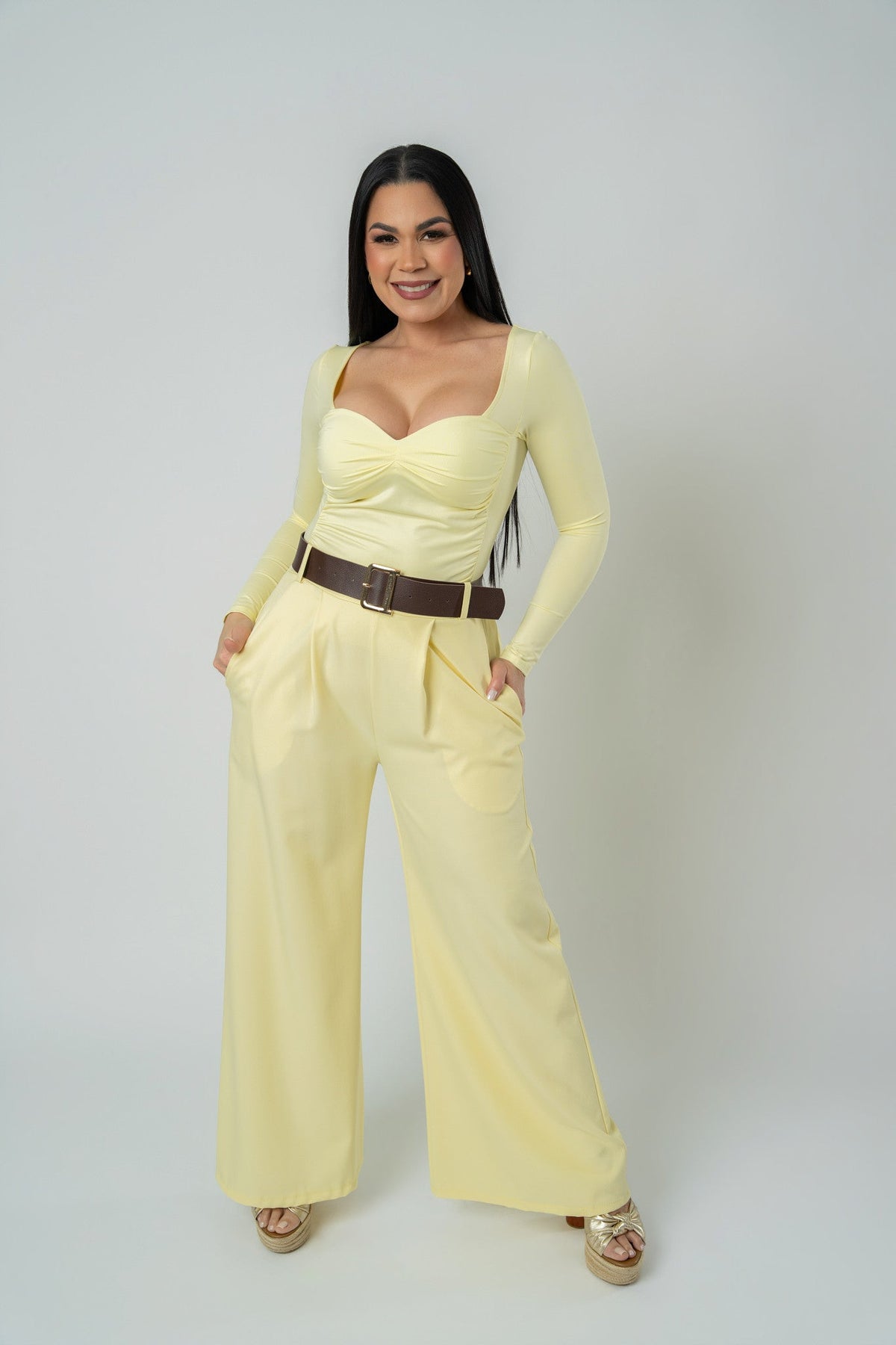 Women's Wide-Leg Trousers with Removable Belt in Yellow