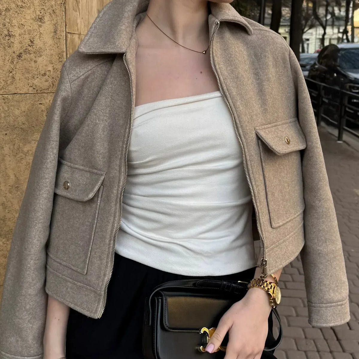 Women's Cropped Zip-Up Wool-Look Jacket with Flap Pockets