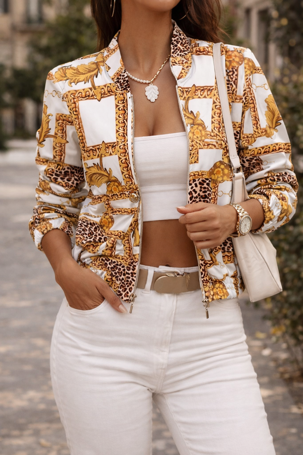Women's Zip-Front Bomber Jacket with Stand Collar