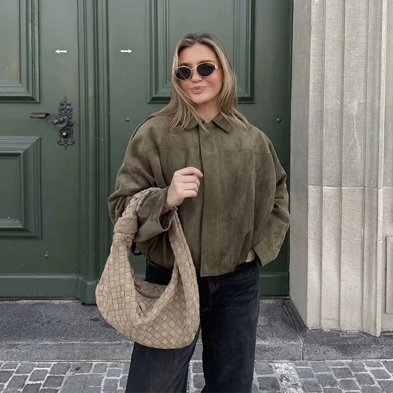 Women's Cropped Faux Suede Bomber Jacket with Pointed Collar