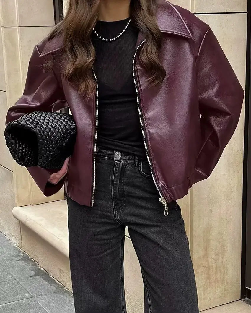 Women's Cropped Faux Leather Jacket in Burgundy