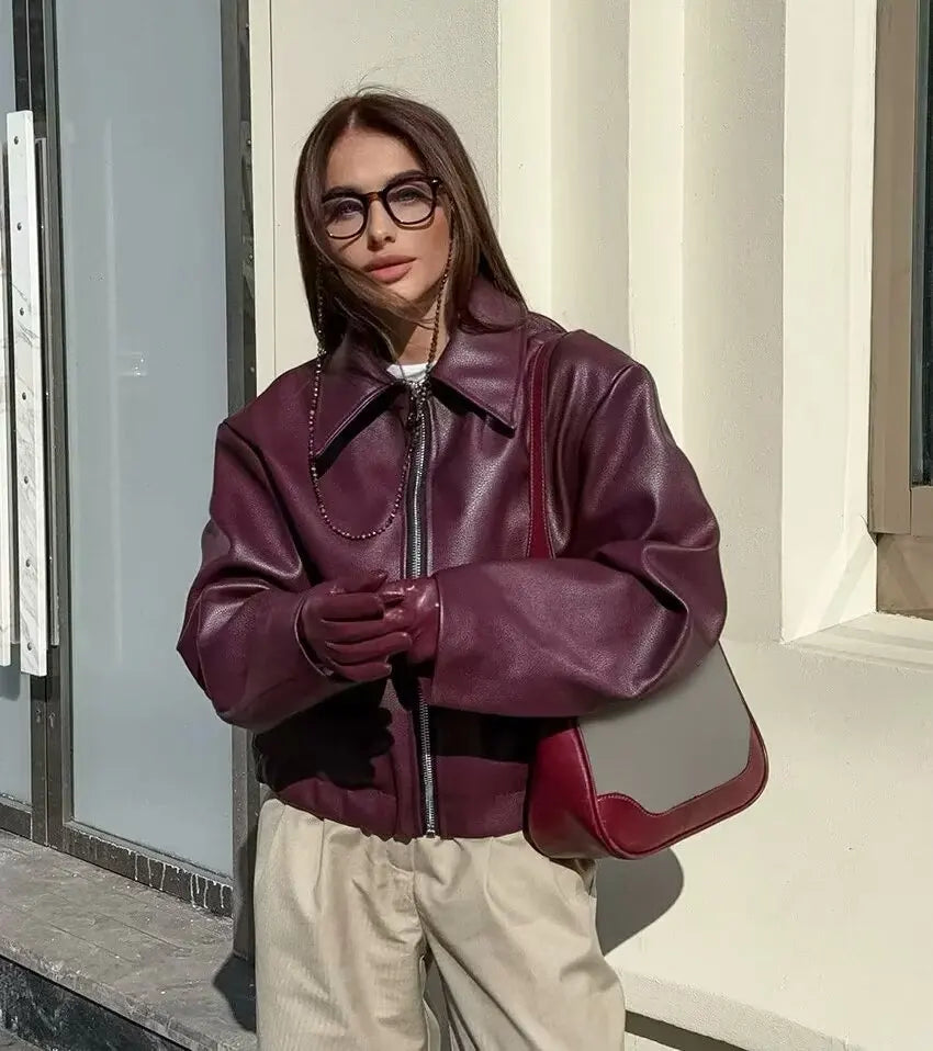 Women's Cropped Faux Leather Jacket in Burgundy