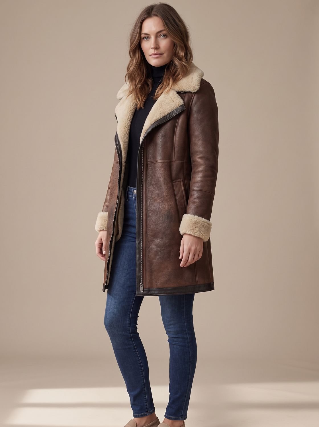 Women's Aviator Faux Shearling Zip-Up Coat with Contrast Collar