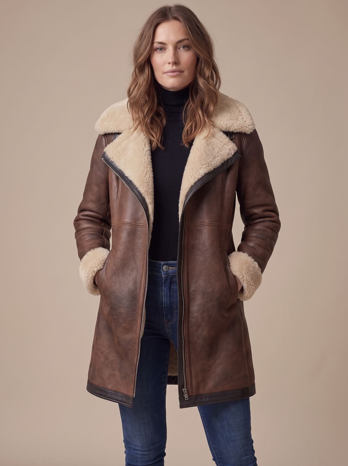 Women's Aviator Faux Shearling Zip-Up Coat with Contrast Collar