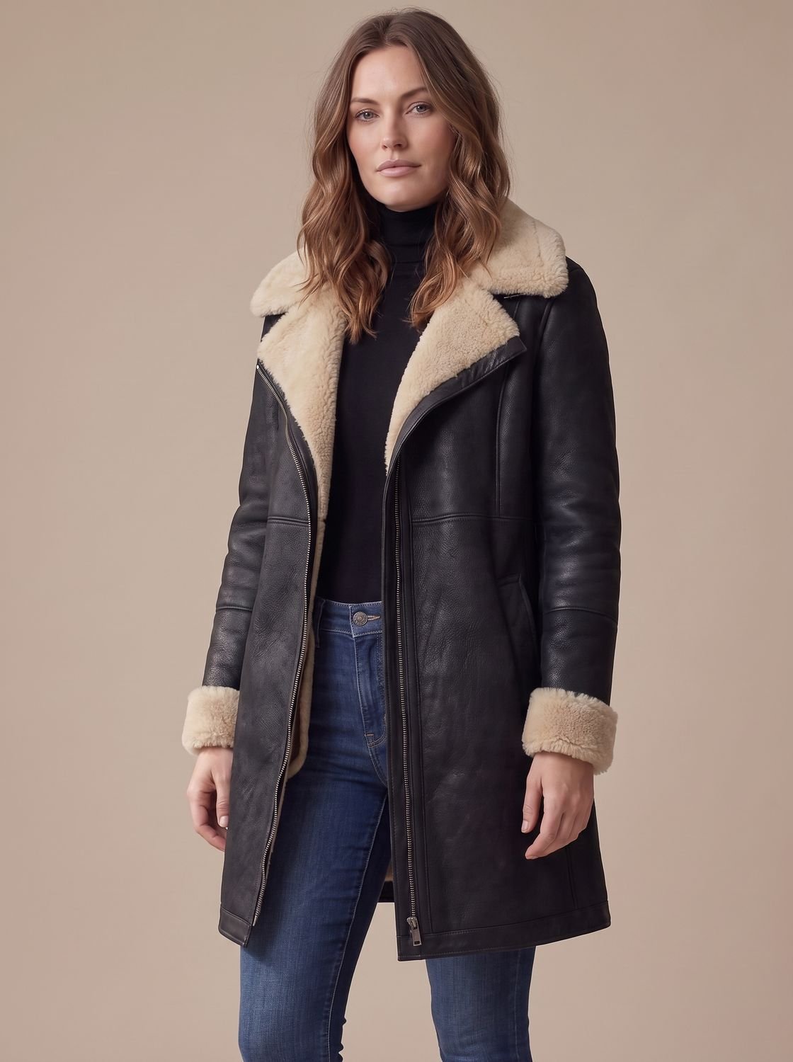 Women's Aviator Faux Shearling Zip-Up Coat with Contrast Collar