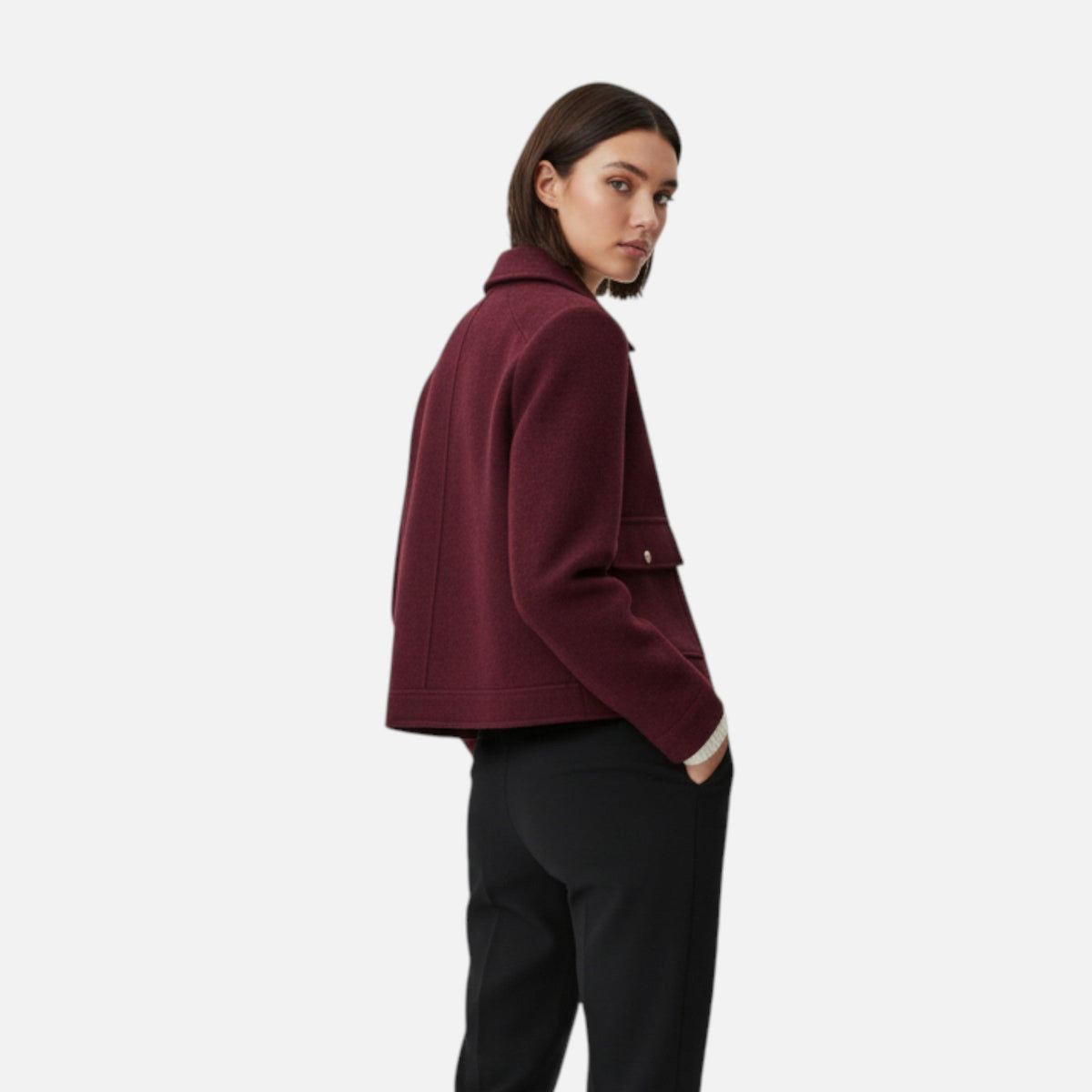 Women's Cropped Zip-Front Wool-Look Jacket with Flap Pockets