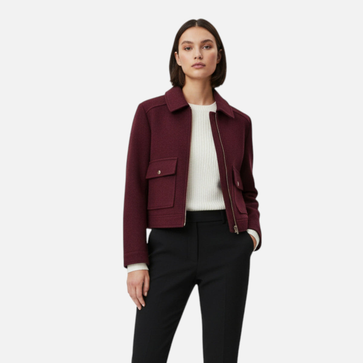 Women's Cropped Zip-Front Wool-Look Jacket with Flap Pockets